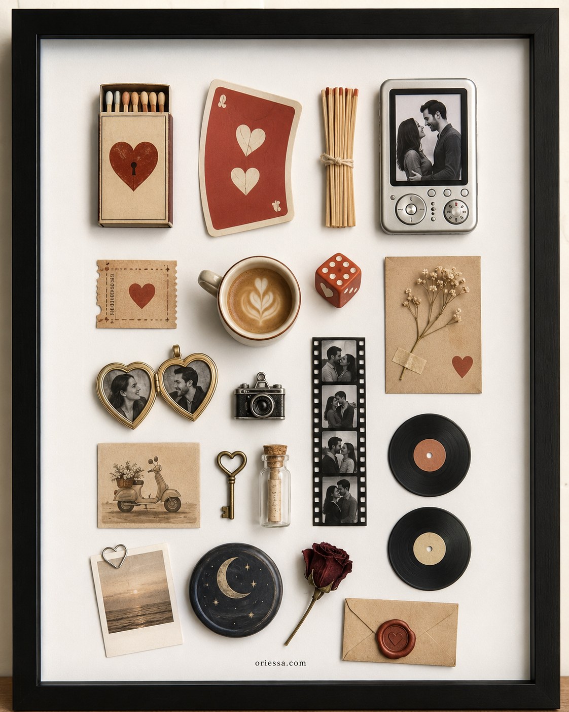 Framed grid of tiny keepsakes and charms showing a detailed diy gift idea for boyfriend built like a memory museum