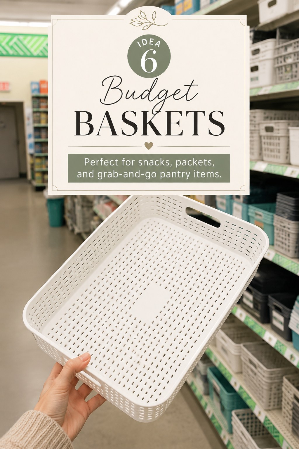 Woven dollar store basket held up as a budget-friendly pantry organizing idea for snacks
