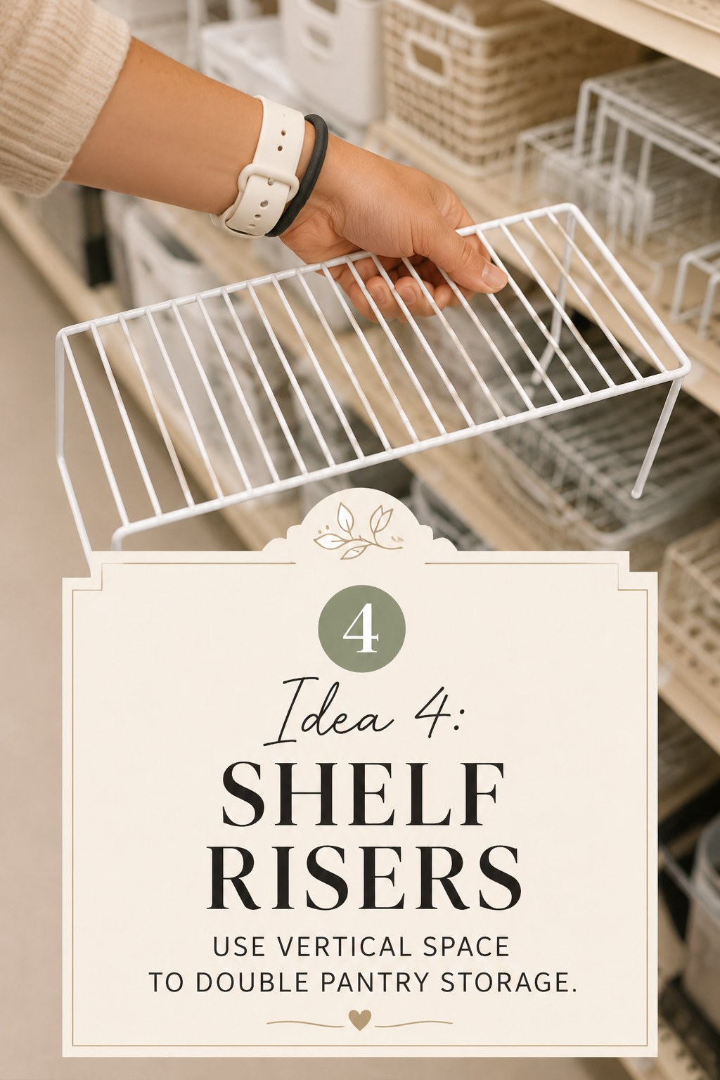 Hand placing a white wire shelf riser to double vertical pantry storage space
