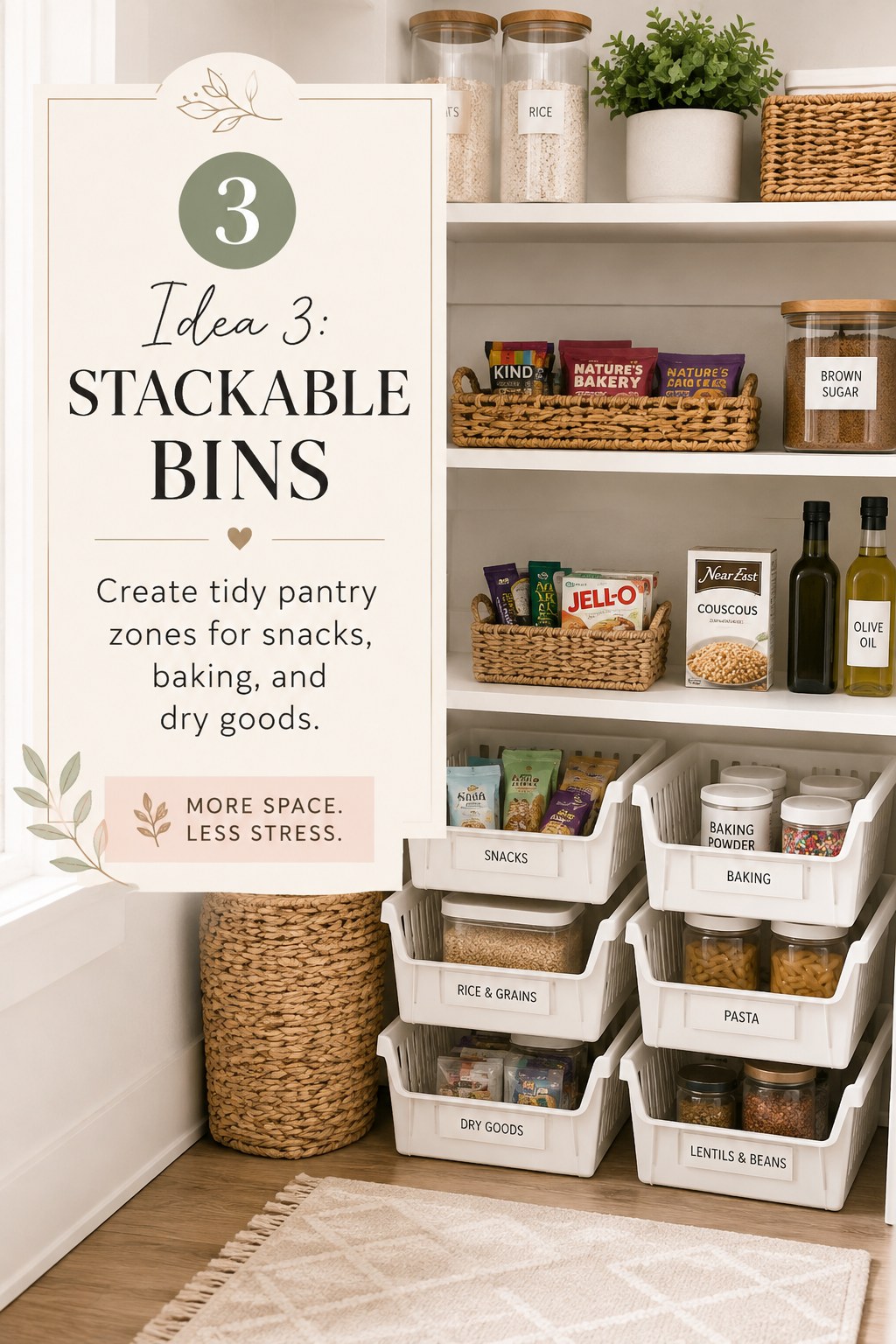 Stackable bins used as a dollar store pantry organizing idea to separate snacks, baking, and grains