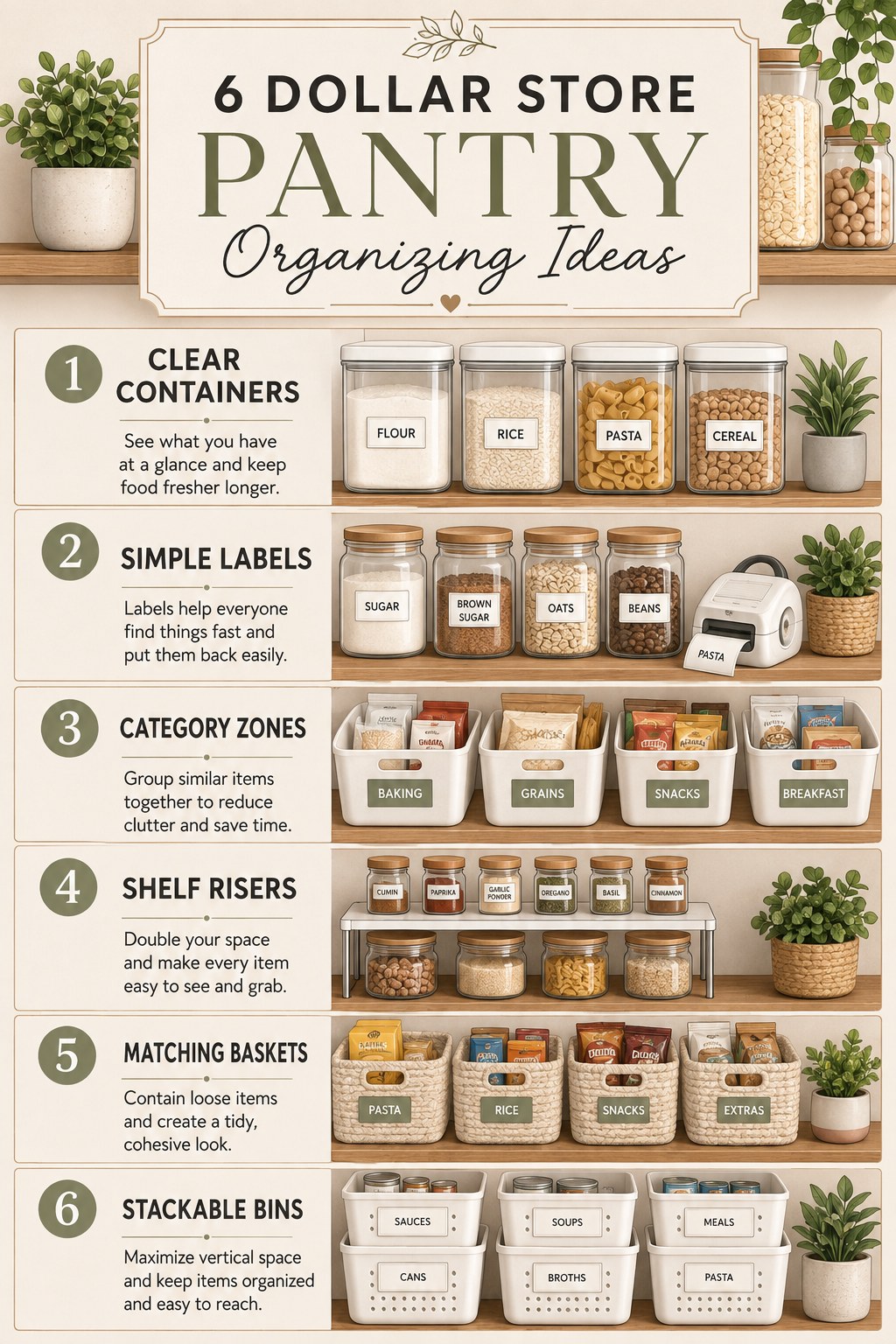 Infographic listing six dollar store pantry organizing ideas from containers to stackable bins