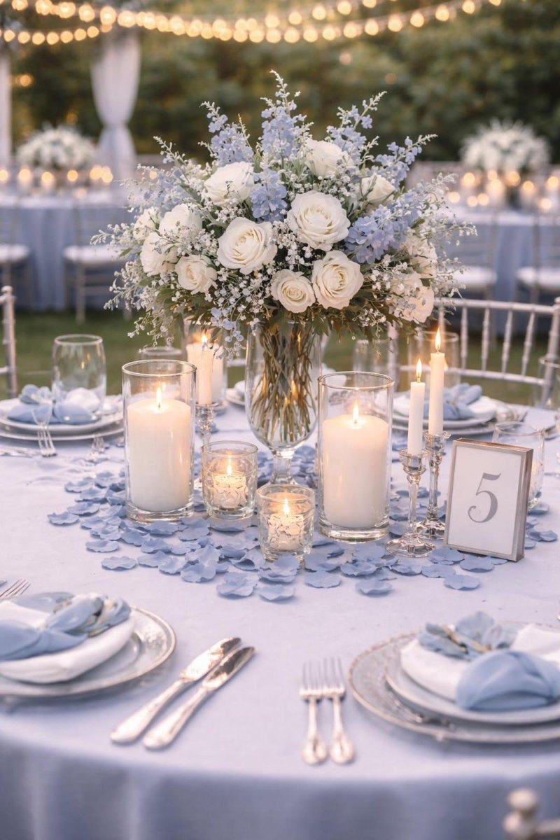 Dusty blue ivory wedding decor