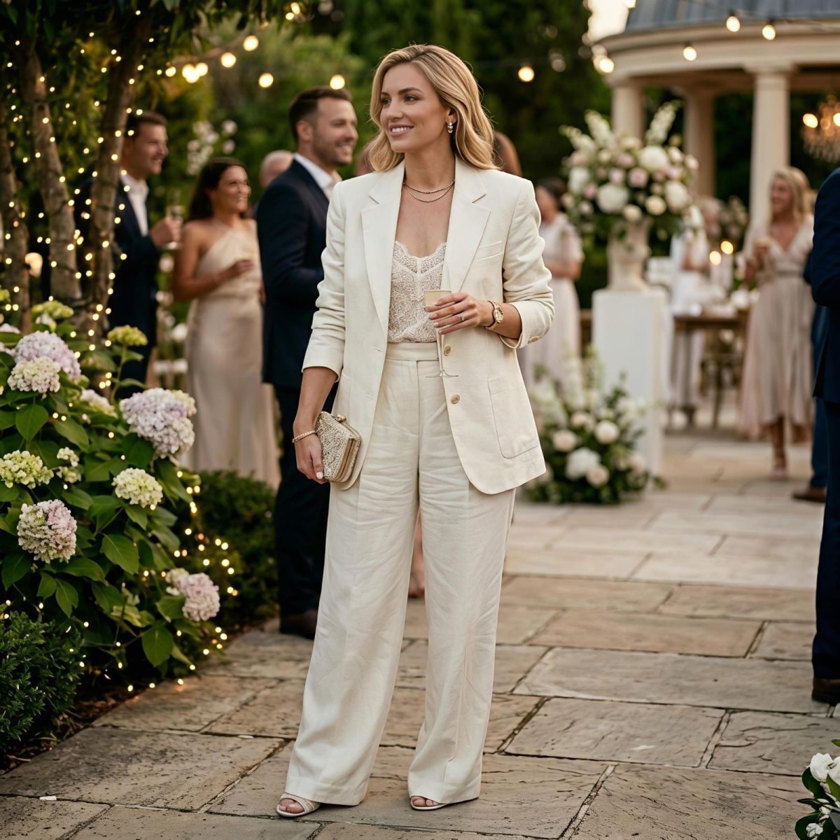 Elegant pantsuit wedding guest