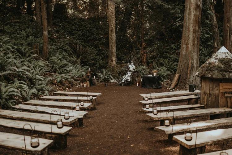 Rustic woodland brown wedding setup