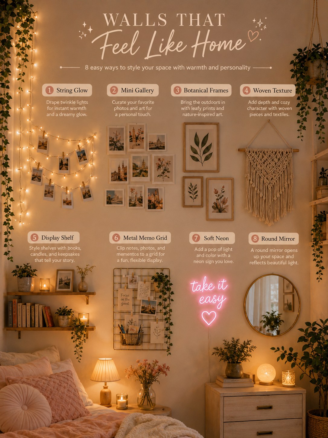 Infographic wall showing eight fairy light photo wall zones including string glow and mini gallery