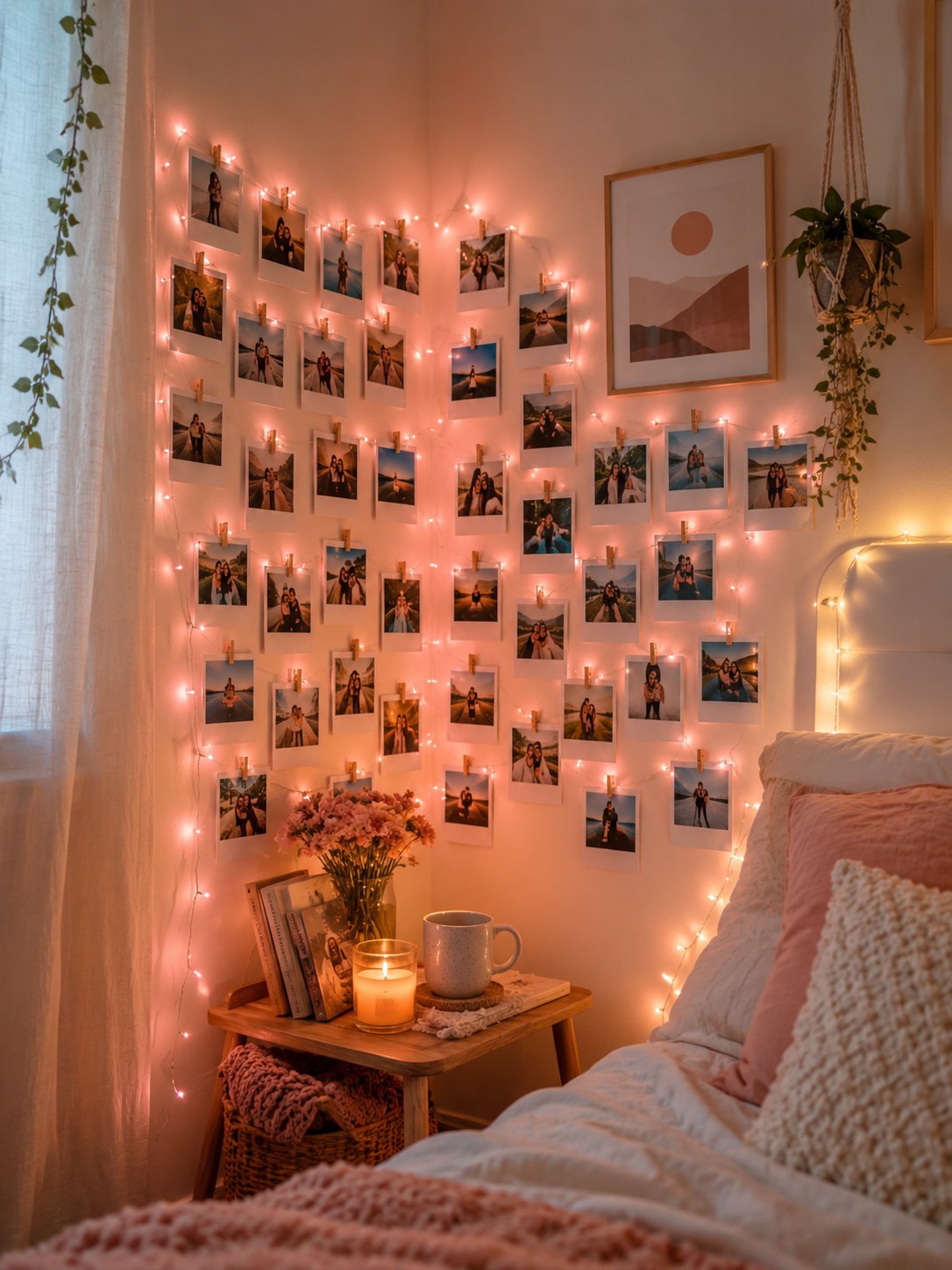 Pink fairy light photo wall shaped into a heart with clipped snapshots in a bedroom corner