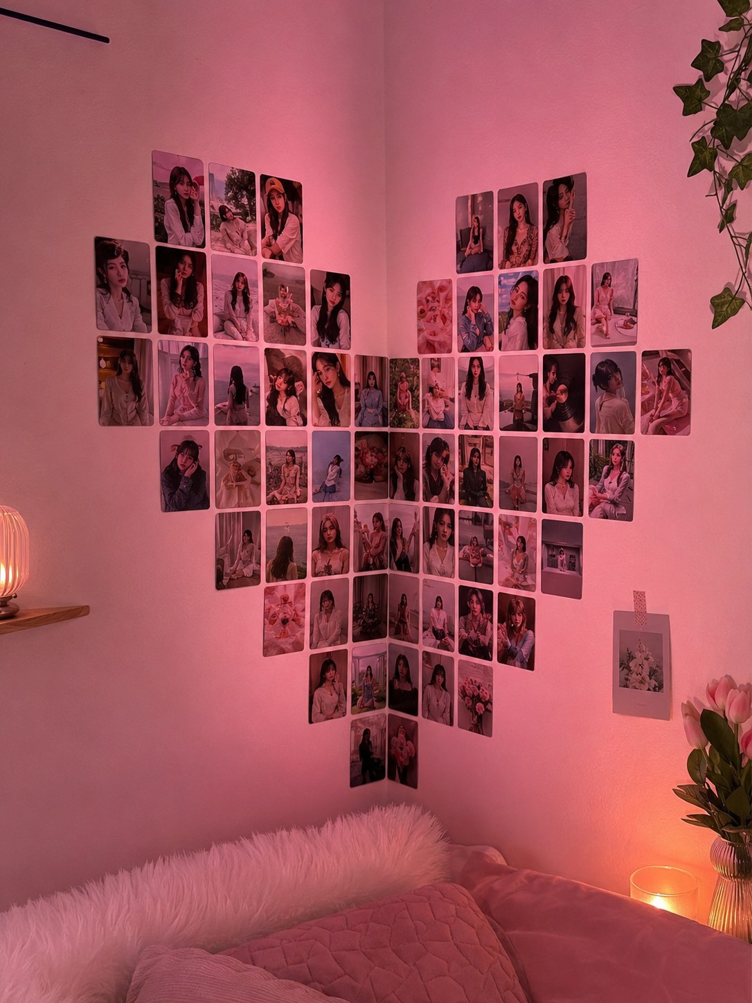 Corner fairy light photo wall covered edge to edge in a dense pink-lit photocard heart shape