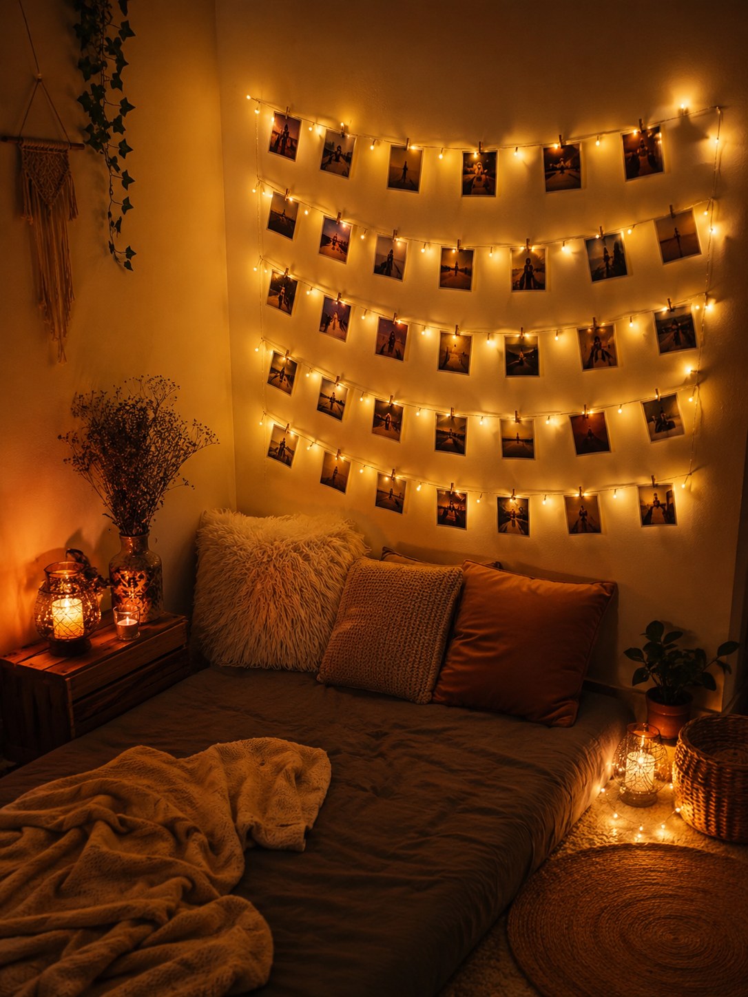 Classic fairy light photo wall with horizontal clothespin rows glowing warm amber over a bed