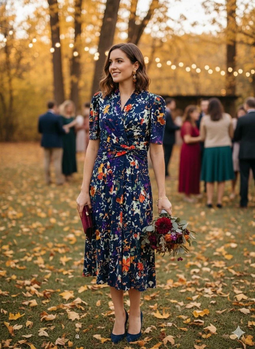 Autumn floral wedding guest dress