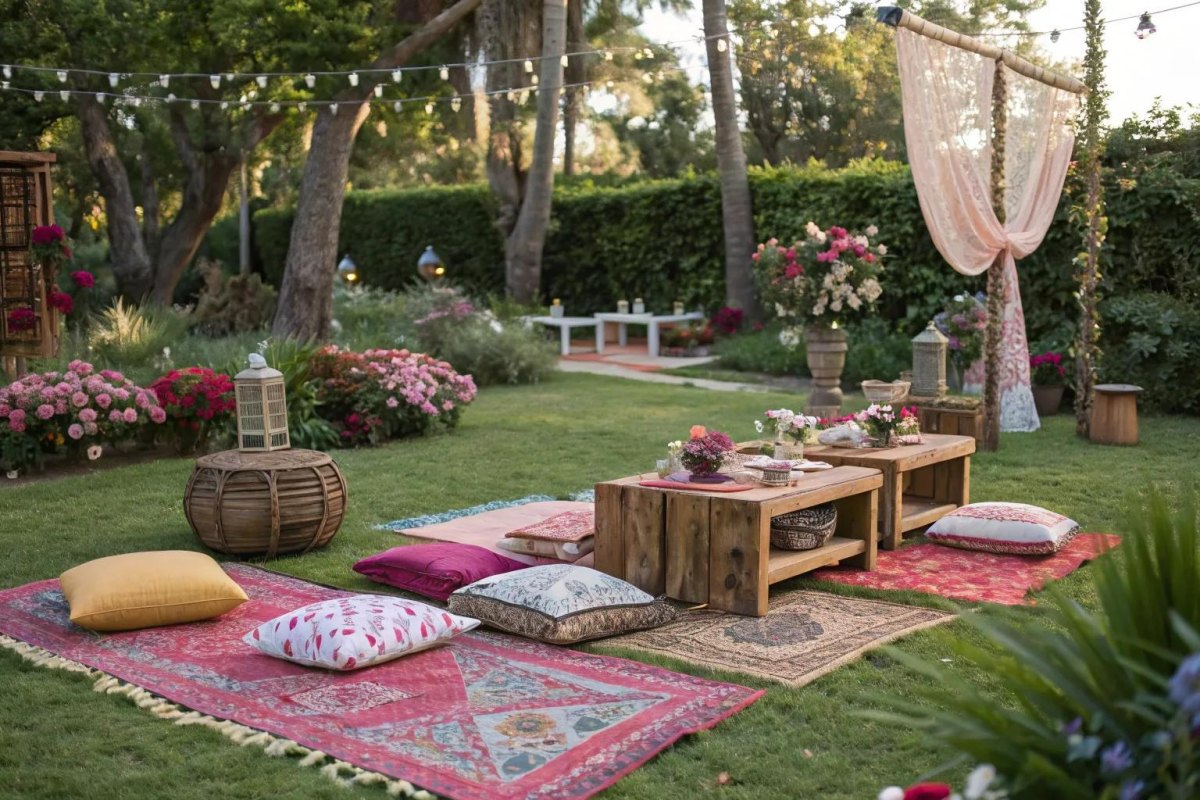 Floral rugs and low wedding picnic tables