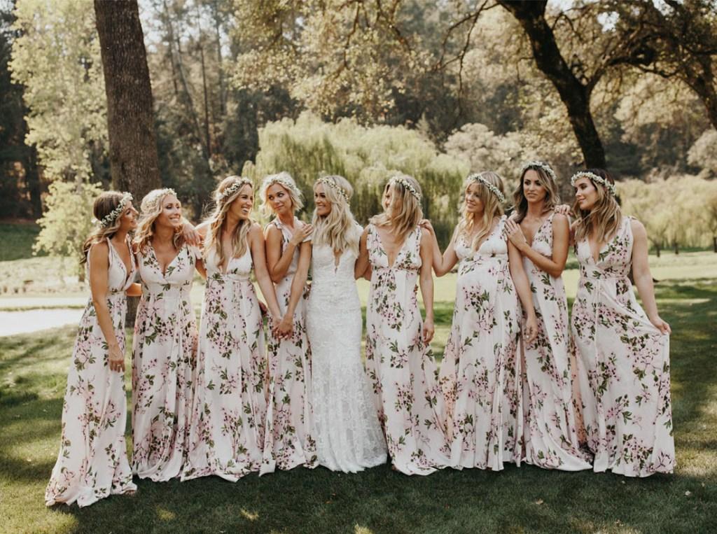 Floral print bridesmaid dresses garden wedding