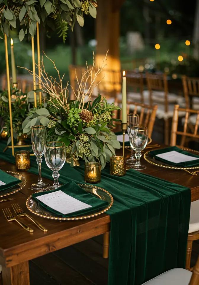Forest green gold wedding tablescape