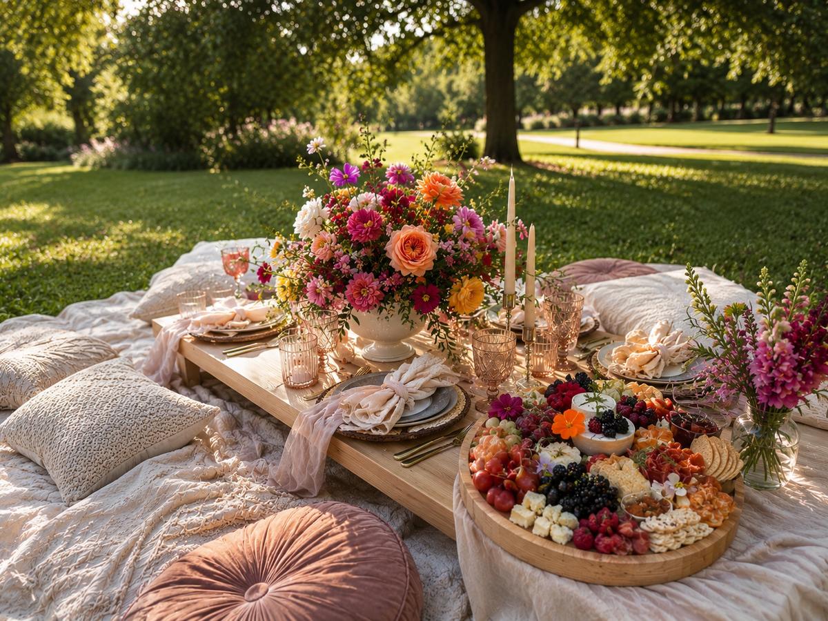Fresh seasonal wedding picnic food display