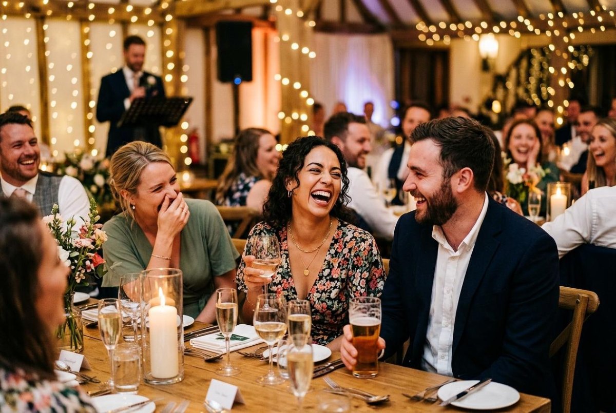 Wedding guests laughing during speech