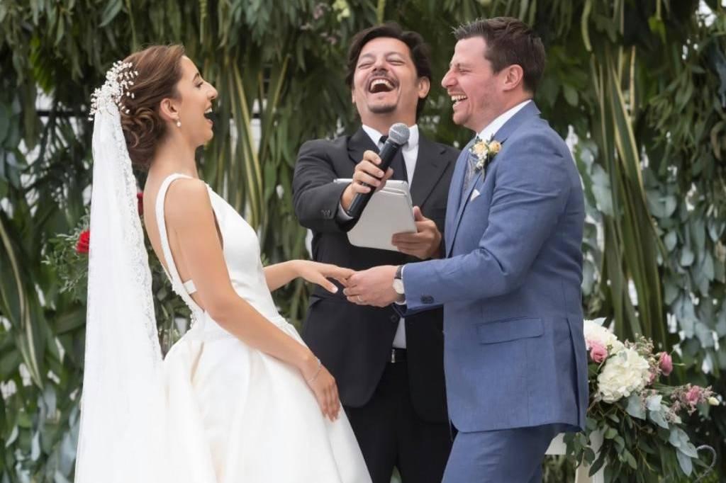 Wedding couple laughing together