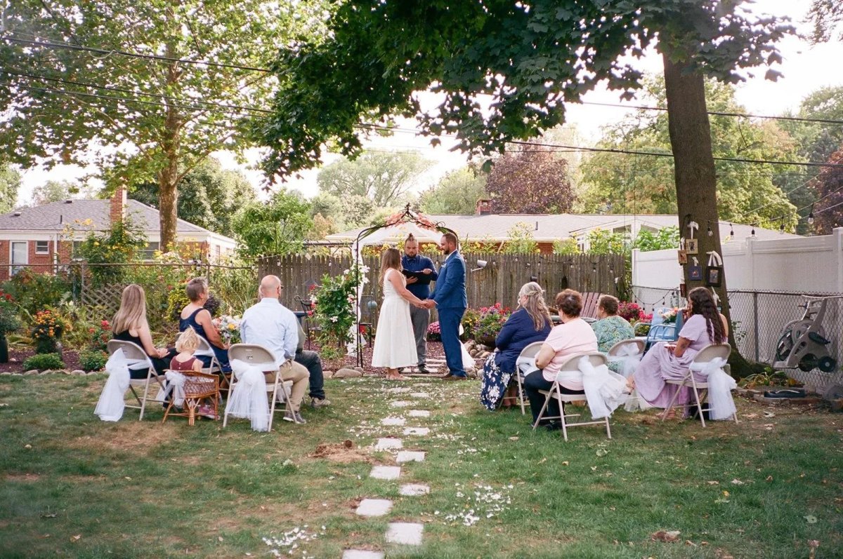 Garden backyard wedding ceremony setup