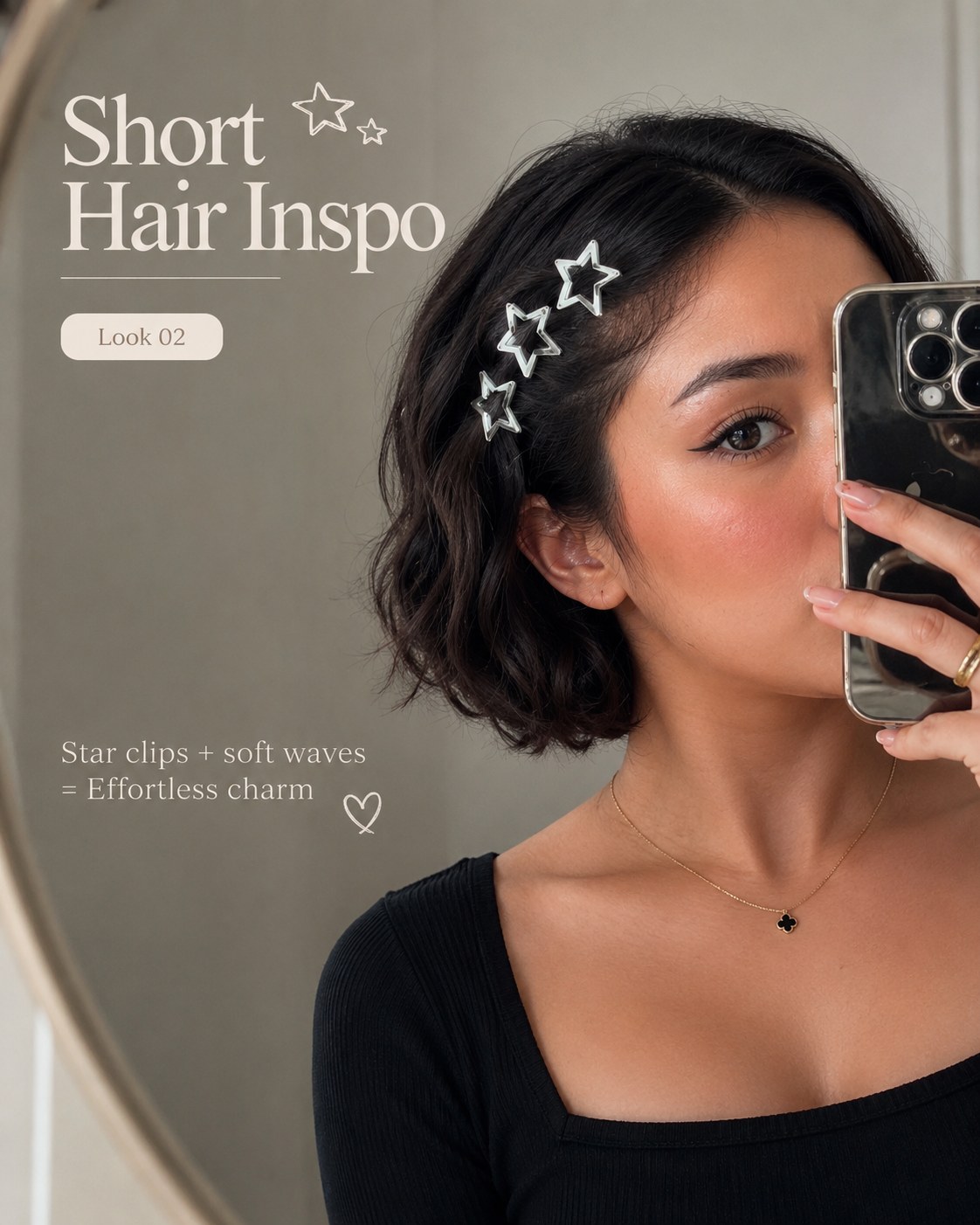 Star hair clips paired with soft waves create effortless short hair inspo for a night out