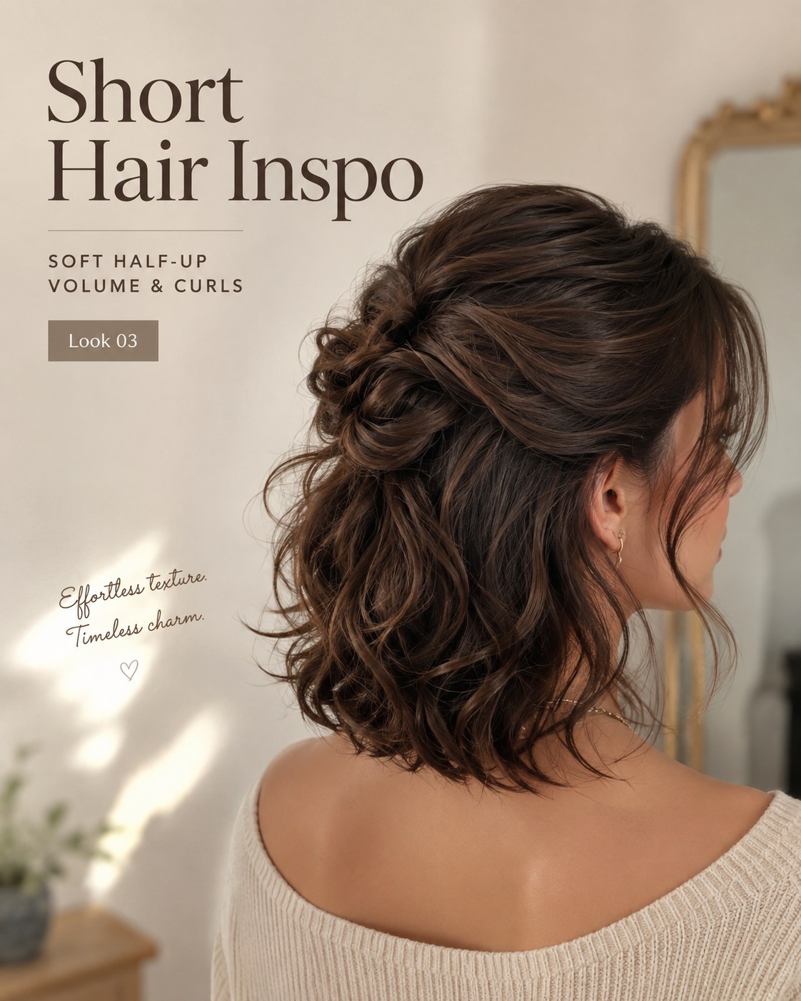 Soft half-up volume with loose curls offers romantic short hair inspo for any bob length