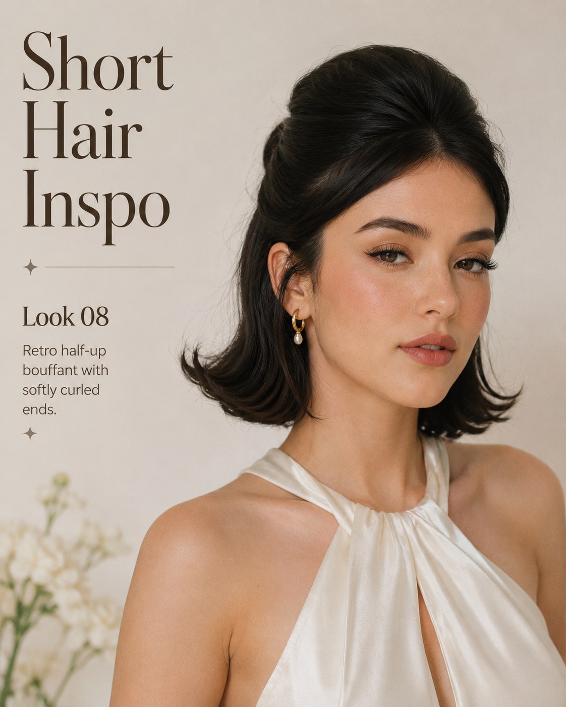 Retro half-up bouffant with softly curled ends gives elegant short hair inspo for events