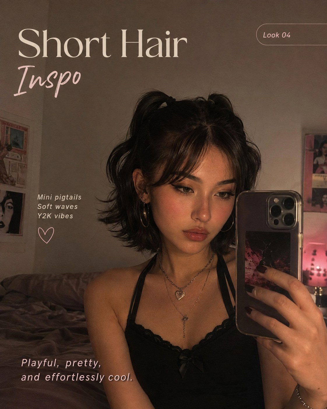 Mini pigtails and soft waves bring Y2K short hair inspo energy to a wispy-bang bob
