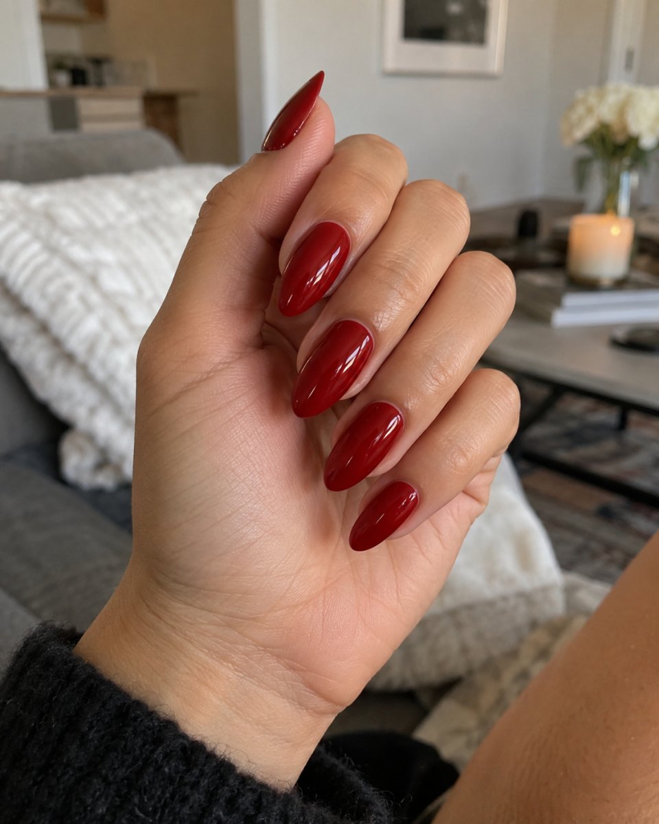 Bold red glossy almond manicure
