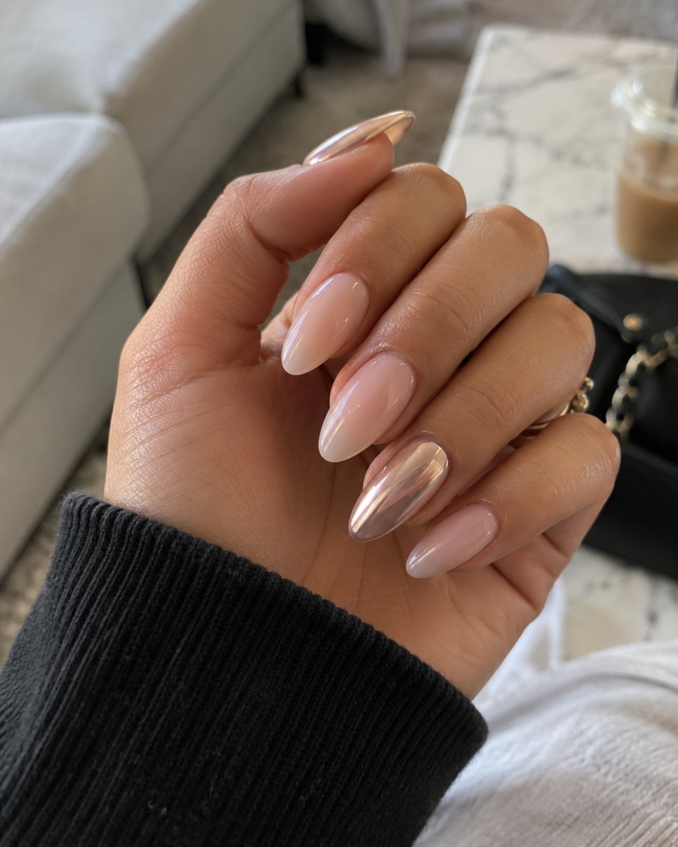 Nude nails with chrome accent detail