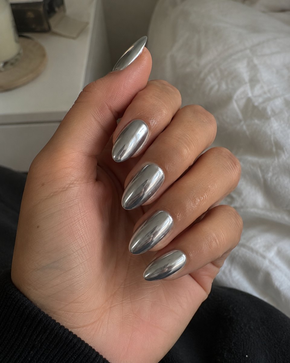 Reflective silver metallic manicure