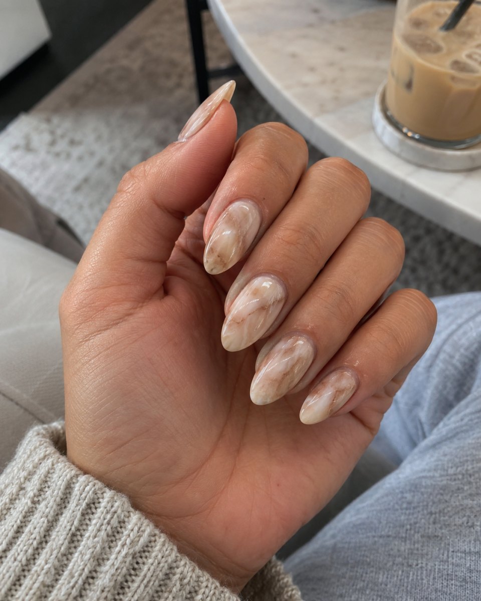 Neutral marble nail art design