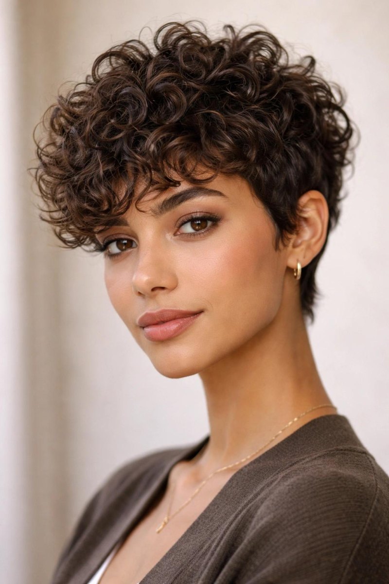 Layered curly pixie with volume
