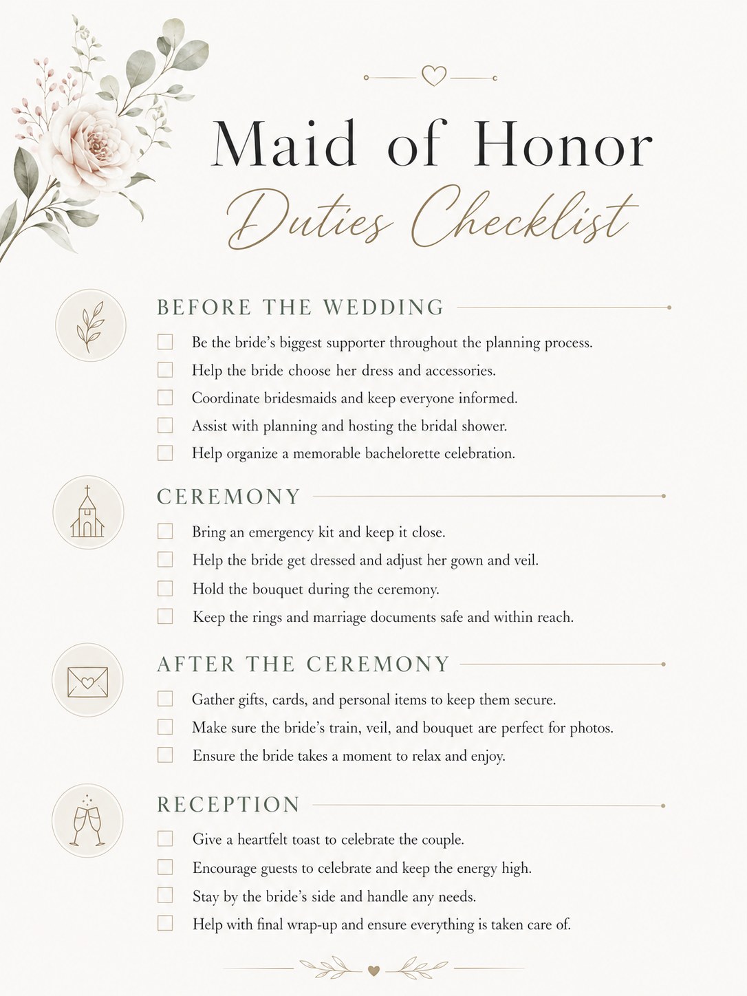 Maid of honor duties checklist organized into before, ceremony, after, and reception phases