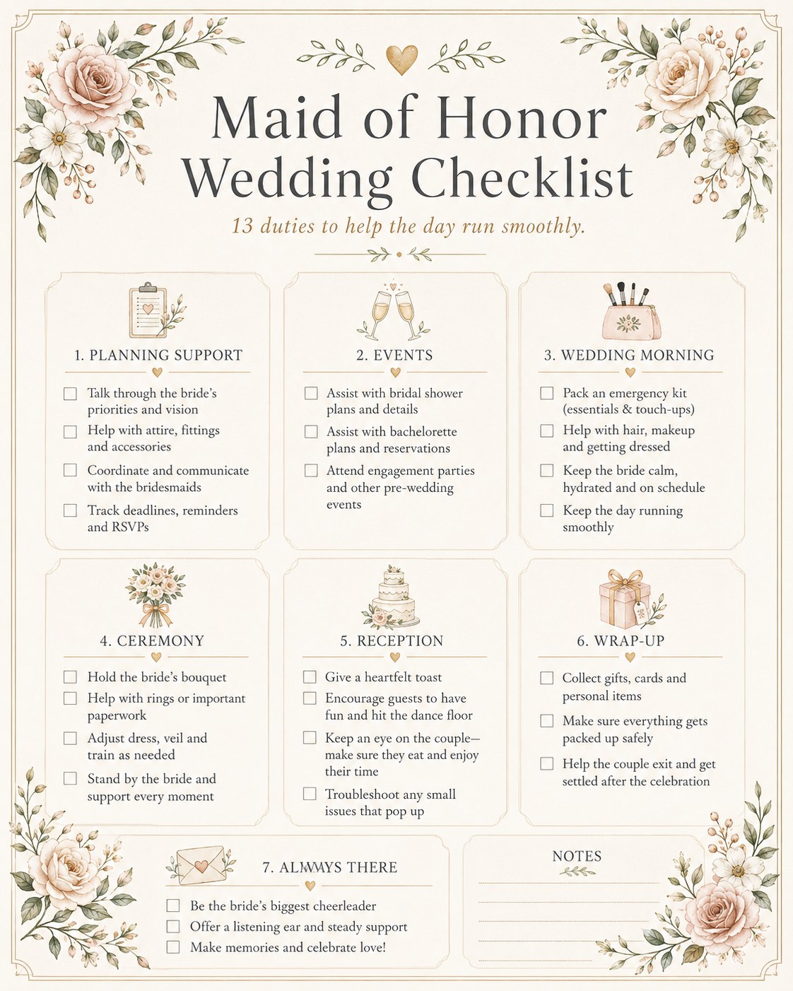 Maid of honor wedding checklist divided into labeled category boxes with a notes section