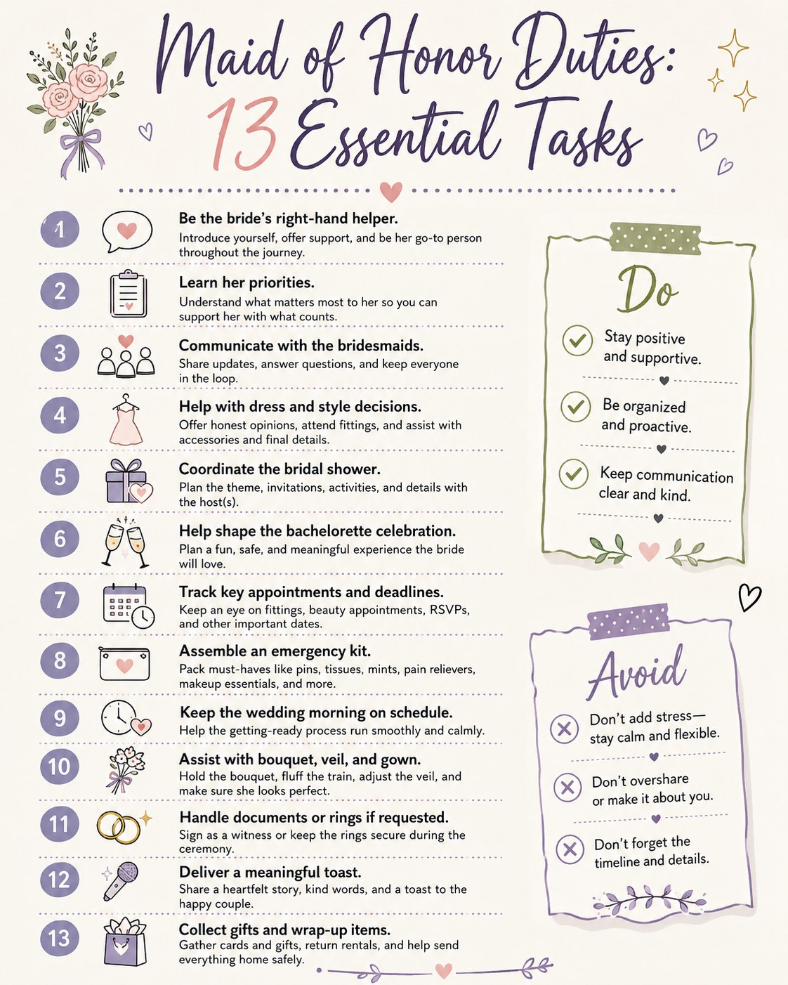 Maid of honor duties checklist page with a do's and don'ts sidebar for staying supportive