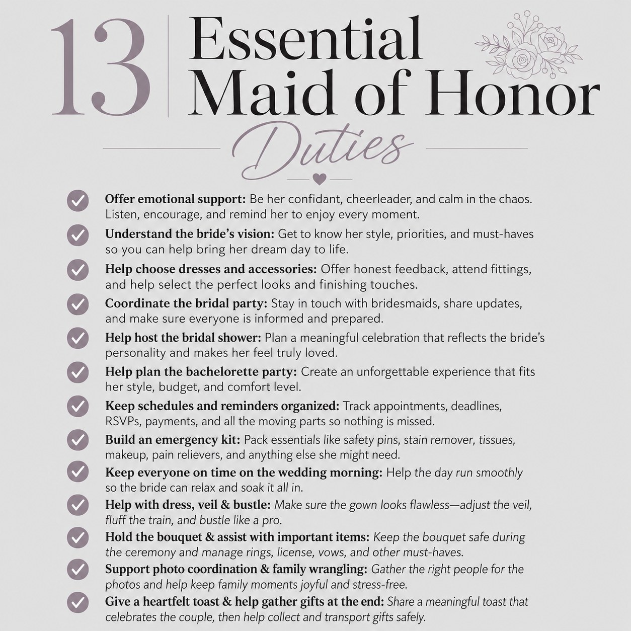 Detailed maid of honor duties checklist explaining each of the 13 tasks in full sentences