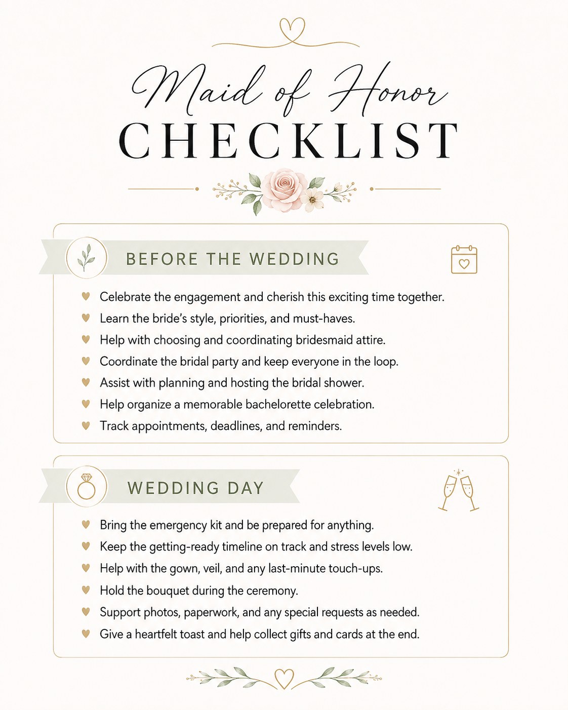 Simple two-phase maid of honor checklist covering before the wedding and wedding day tasks