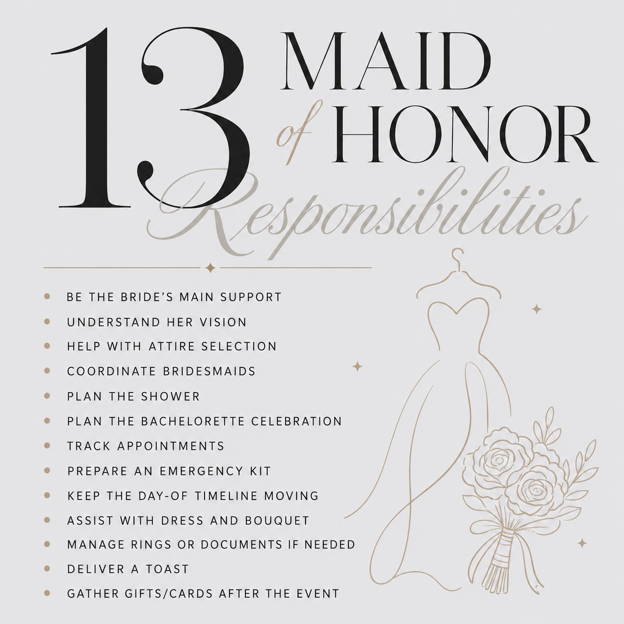 Minimalist black and white maid of honor duties checklist with a simple dress illustration
