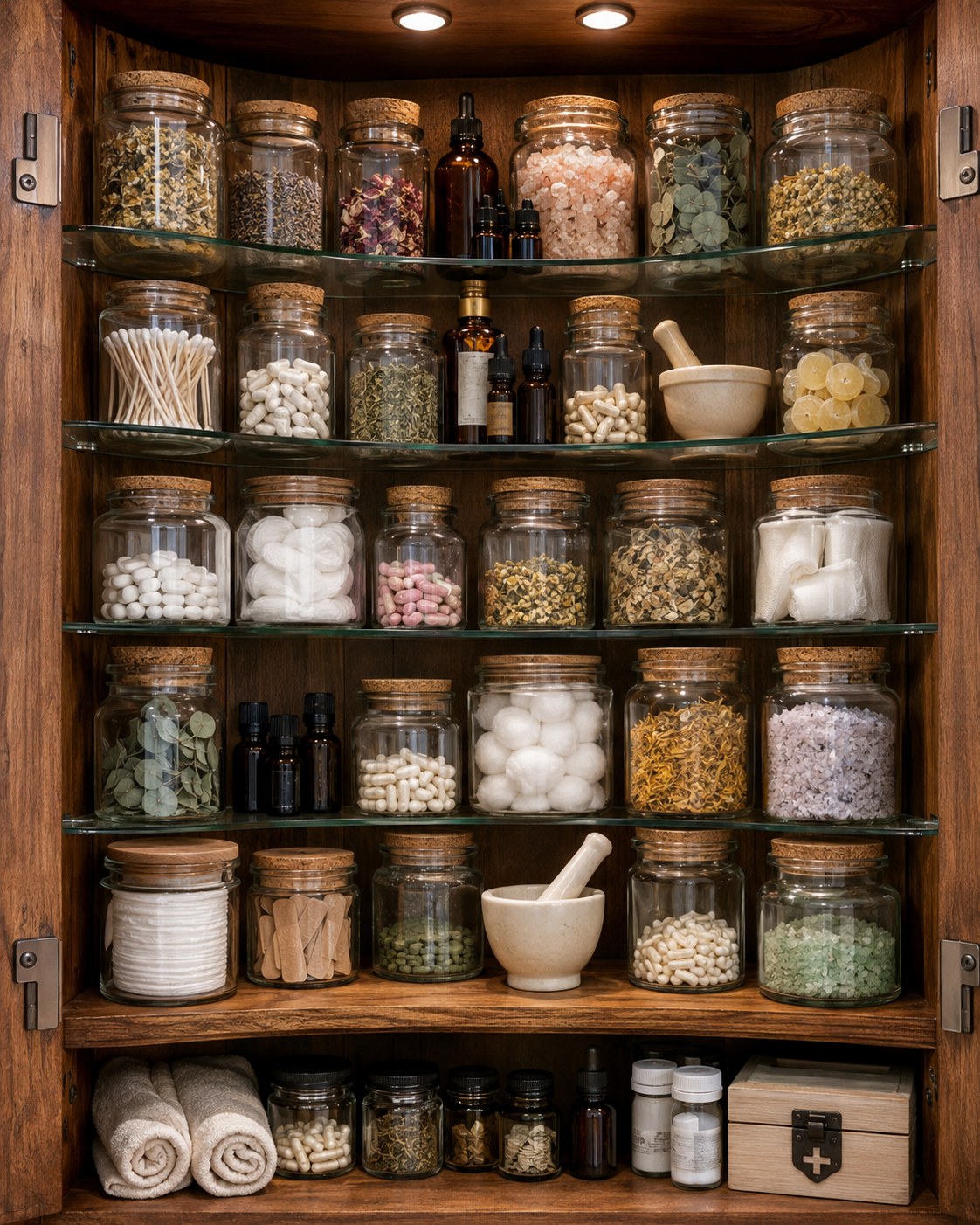 Wooden apothecary-style cabinet with glass jars offering a vintage take on medicine cabinet organization