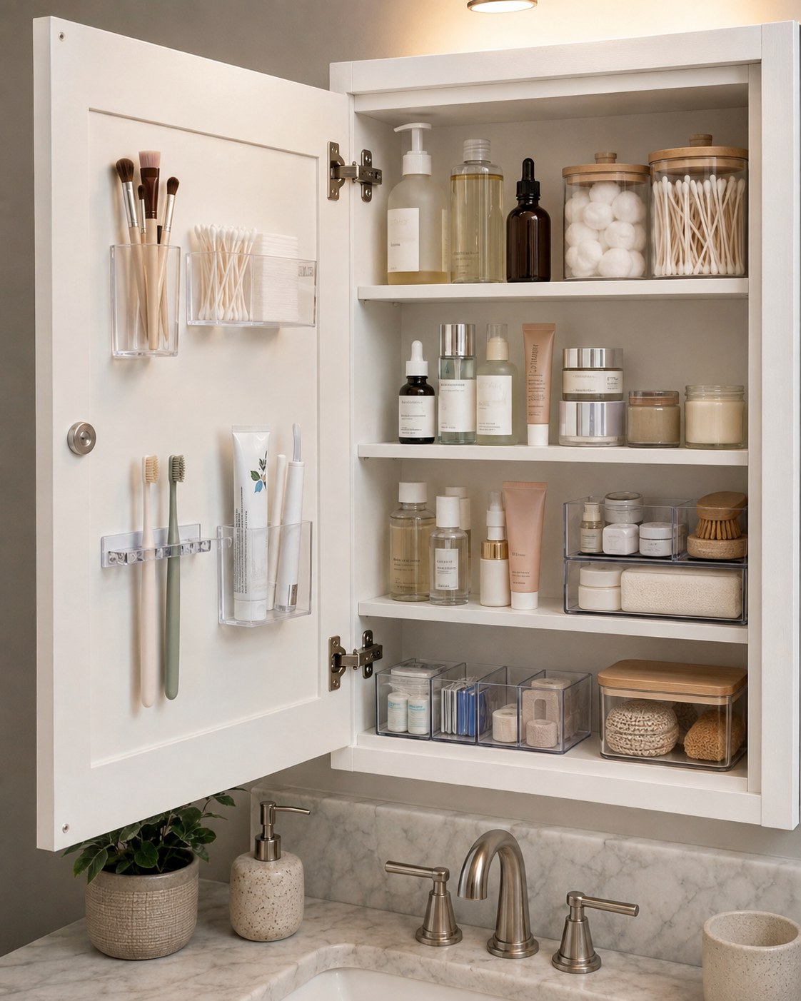 Cabinet door fitted with adhesive holders, extending medicine cabinet organization onto unused door space