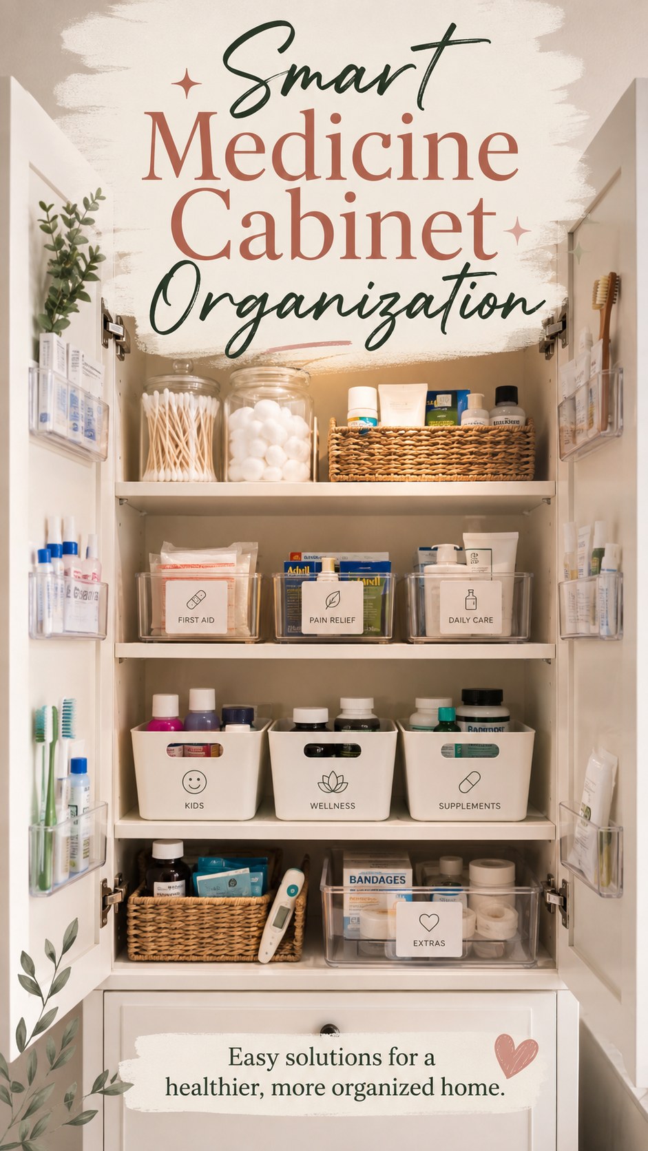Open cabinet using woven labeled baskets as a soft take on medicine cabinet organization