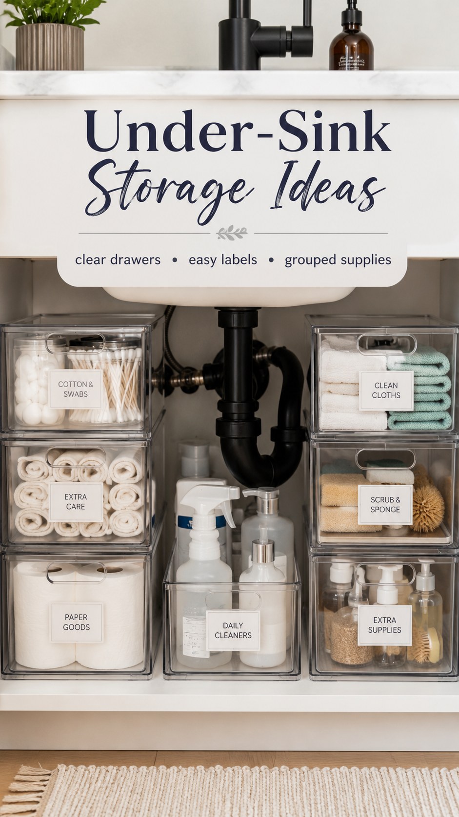 Clear under-sink drawers used as overflow storage that supports medicine cabinet organization upstairs