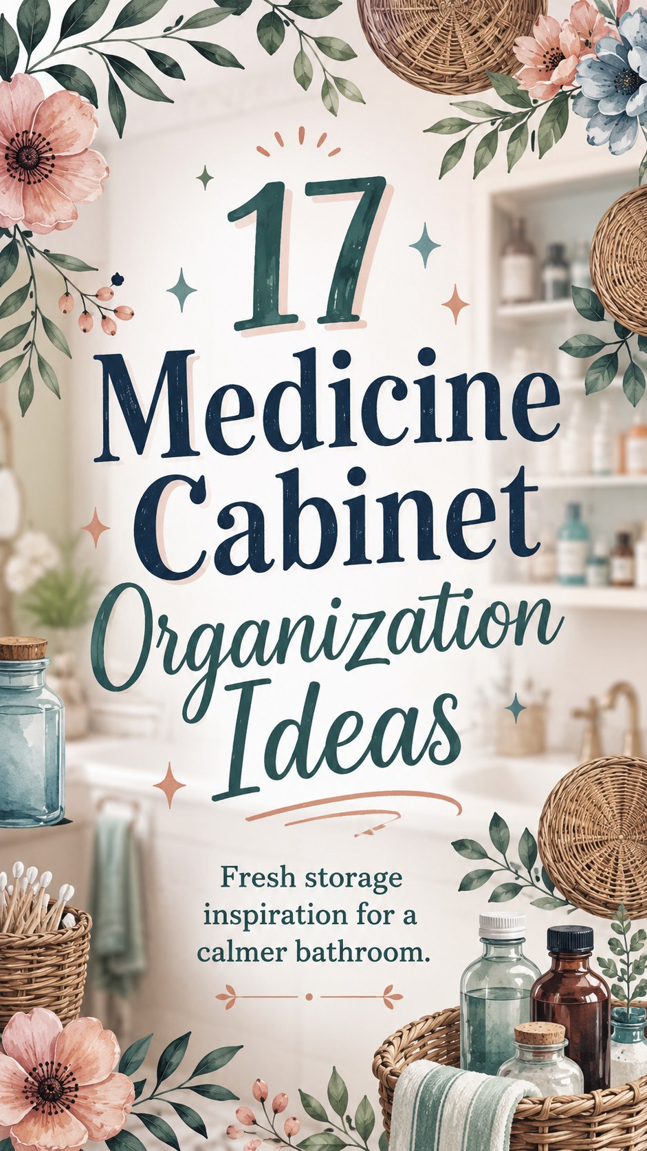 Floral-framed title graphic introducing fresh medicine cabinet organization ideas for a calmer bathroom