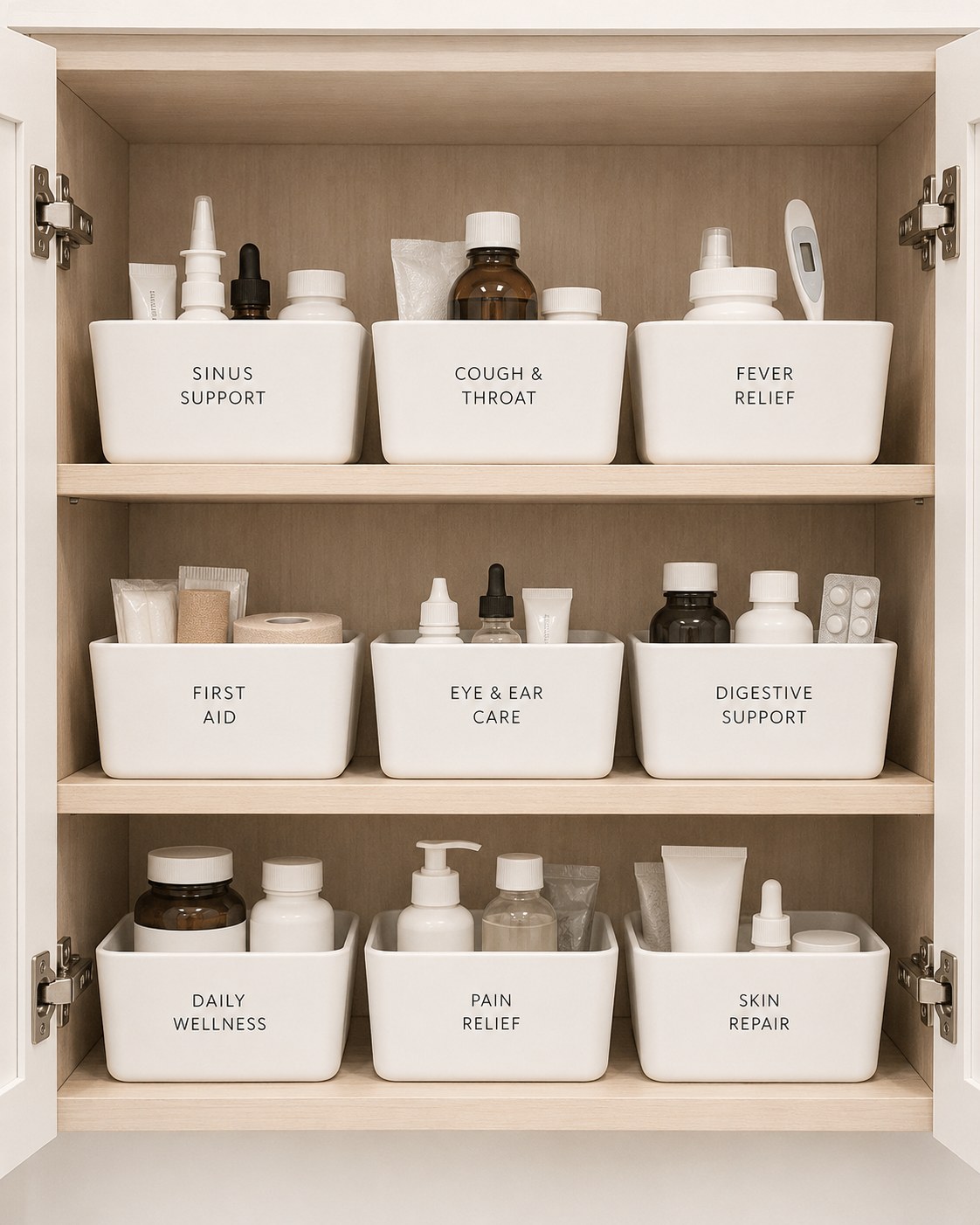 White labeled bins sorted by symptom for a clear, functional medicine cabinet organization system
