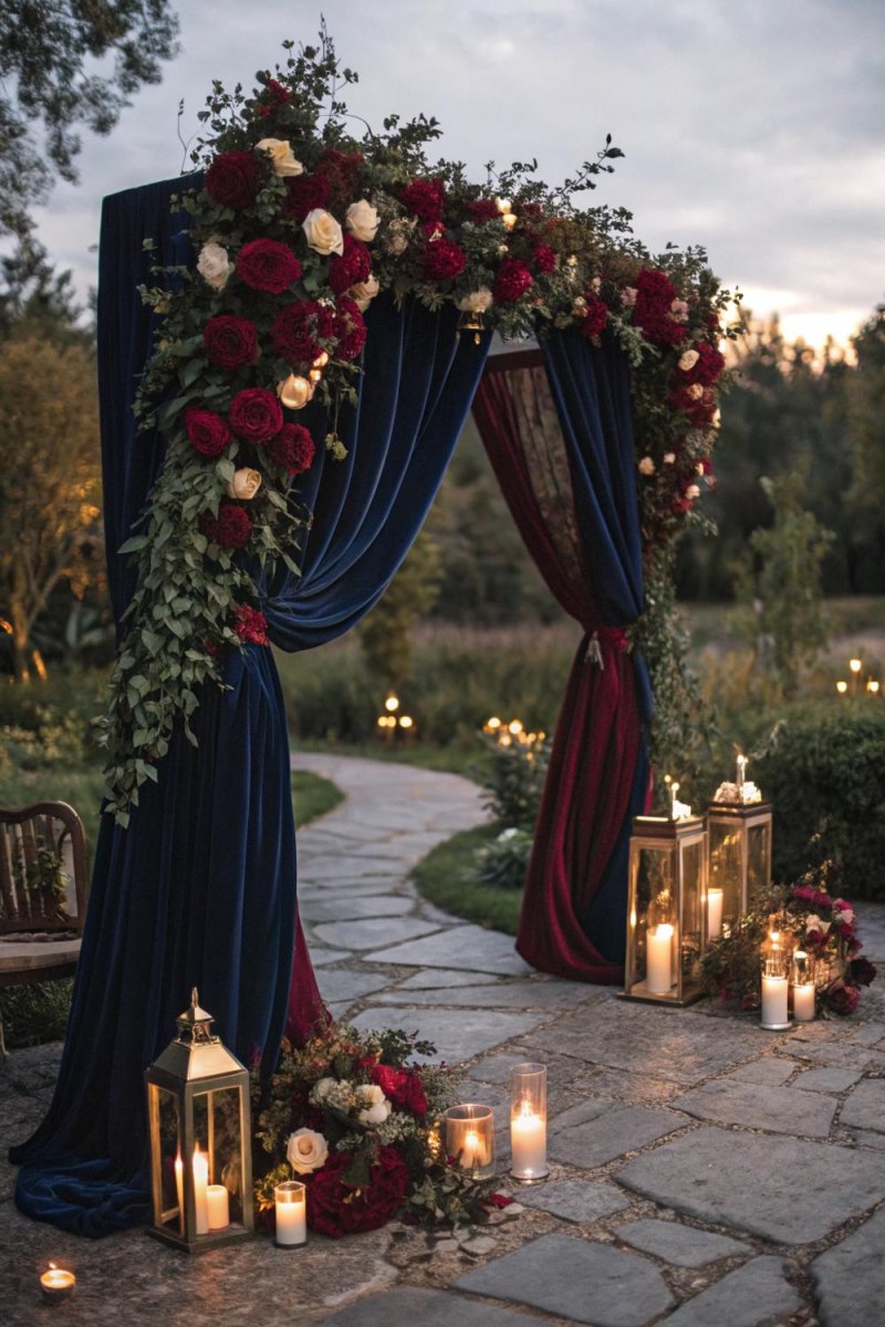 Midnight blue burgundy wedding decor