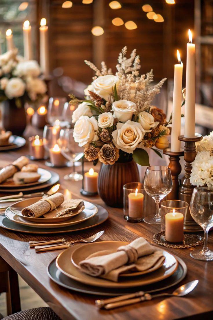 Mocha ivory autumn wedding tablescape
