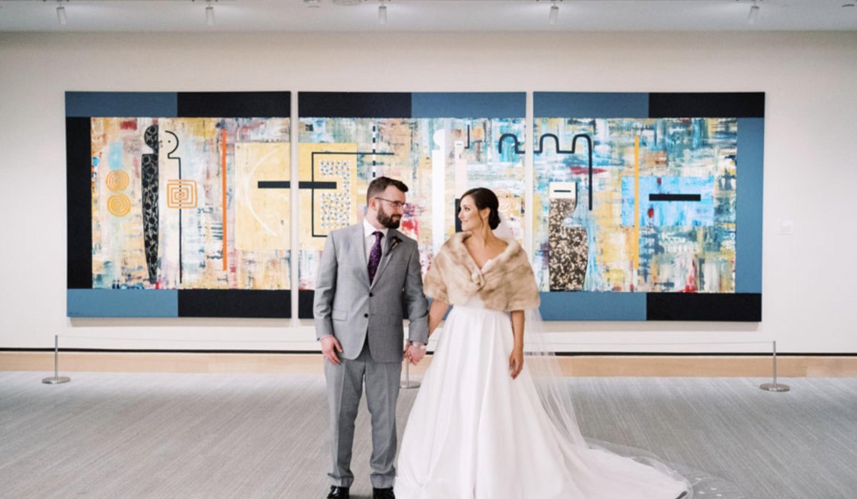 Museum gallery elopement wedding couple artwork