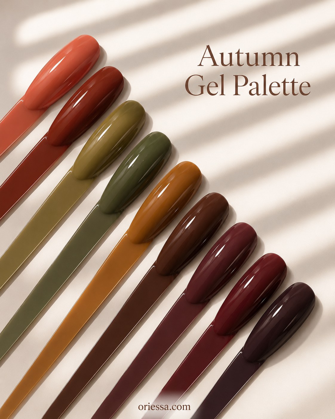 Autumn gel palette swatches from rust to chocolate showing warm nail colors for deep skin tones
