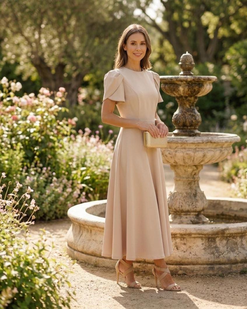 Neutral wedding guest outfit outdoors