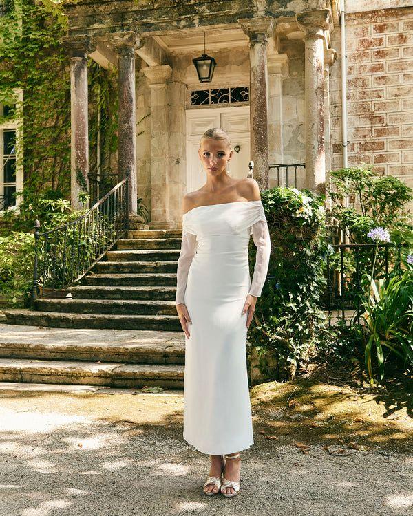 Off shoulder courthouse wedding dress
