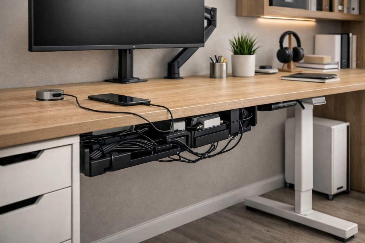 Organized desk cables and electronics