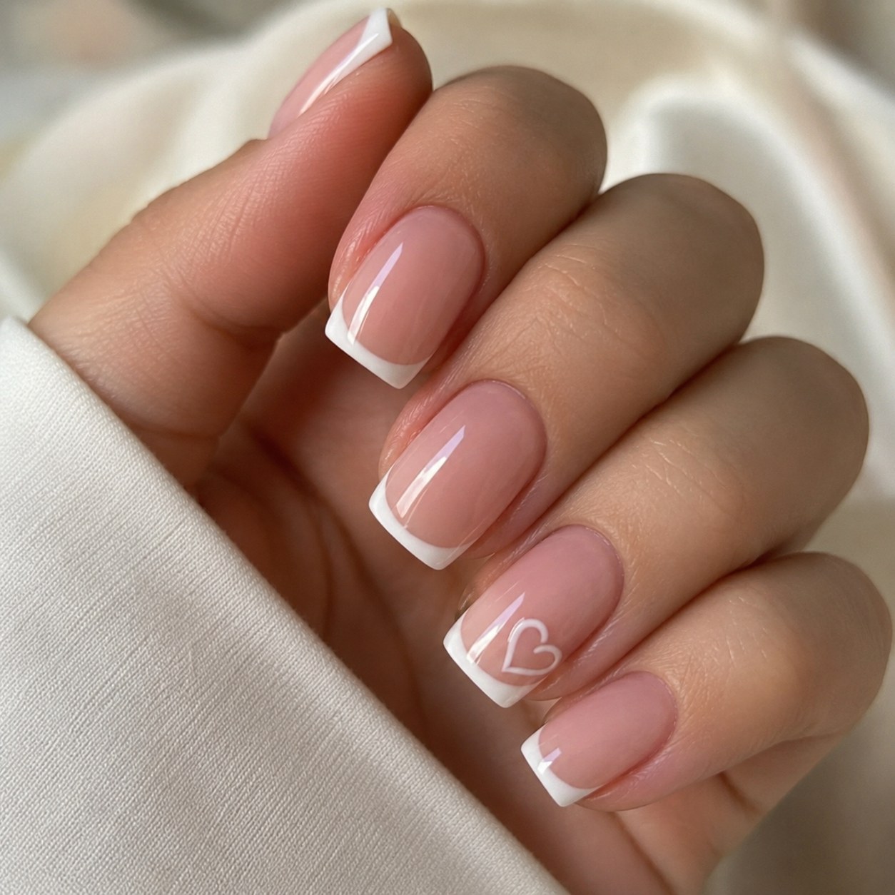 Short French tip nails in pink with a delicate heart outline accent nail