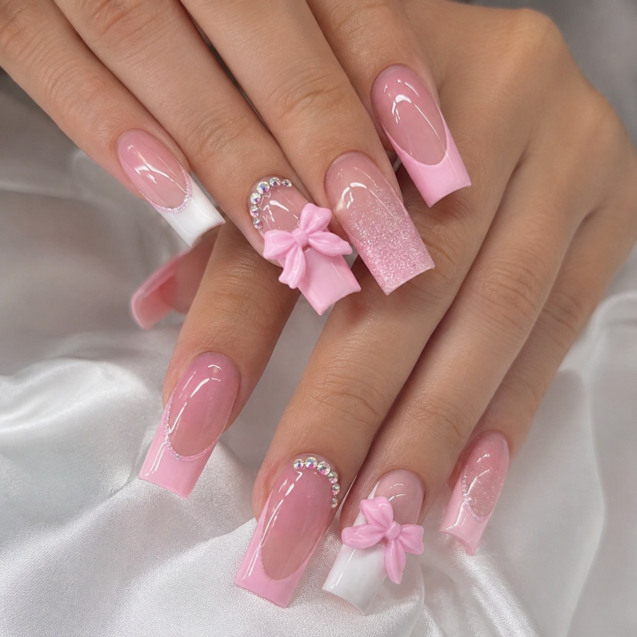 Long pink coffin nails with ombre glitter, rhinestones, and 3D bow charms